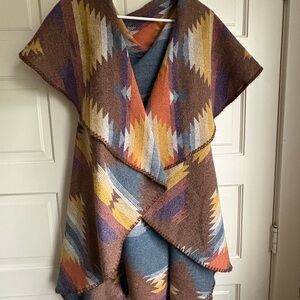 Boho Aztec Pattern Draped Shawl Vest - Multicolor